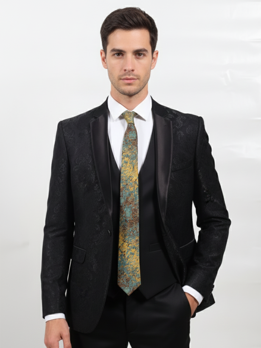 Blue Art Silk Tie with Golden & Red Patch Work