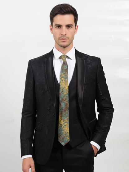 Blue Art Silk Tie with Golden & Red Patch Work