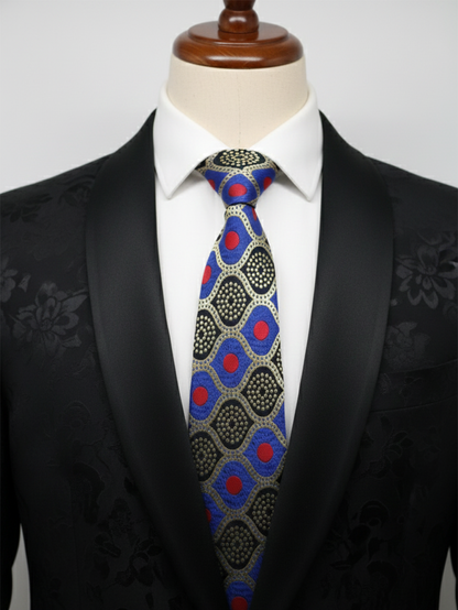 Blue Tie with Red Dots & Black Work – Stylish Designer Necktie