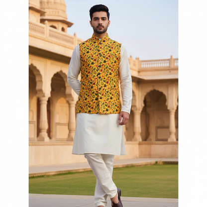 Men’s Mustard Yellow Printed Nehru Jacket with Ivory Kurta Pajama – Festive Ethnic Wear