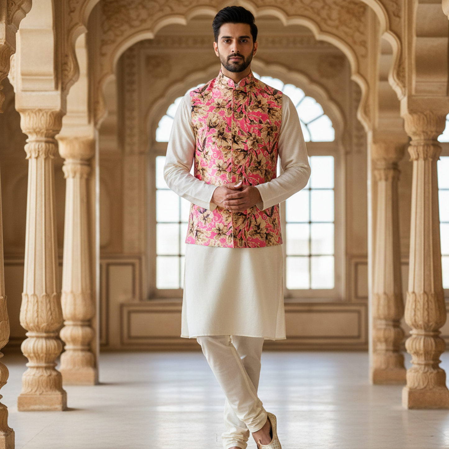 Men’s Pink Floral Print Nehru Jacket with Ivory Kurta Pajama –  Festive Ethnic Ensemble