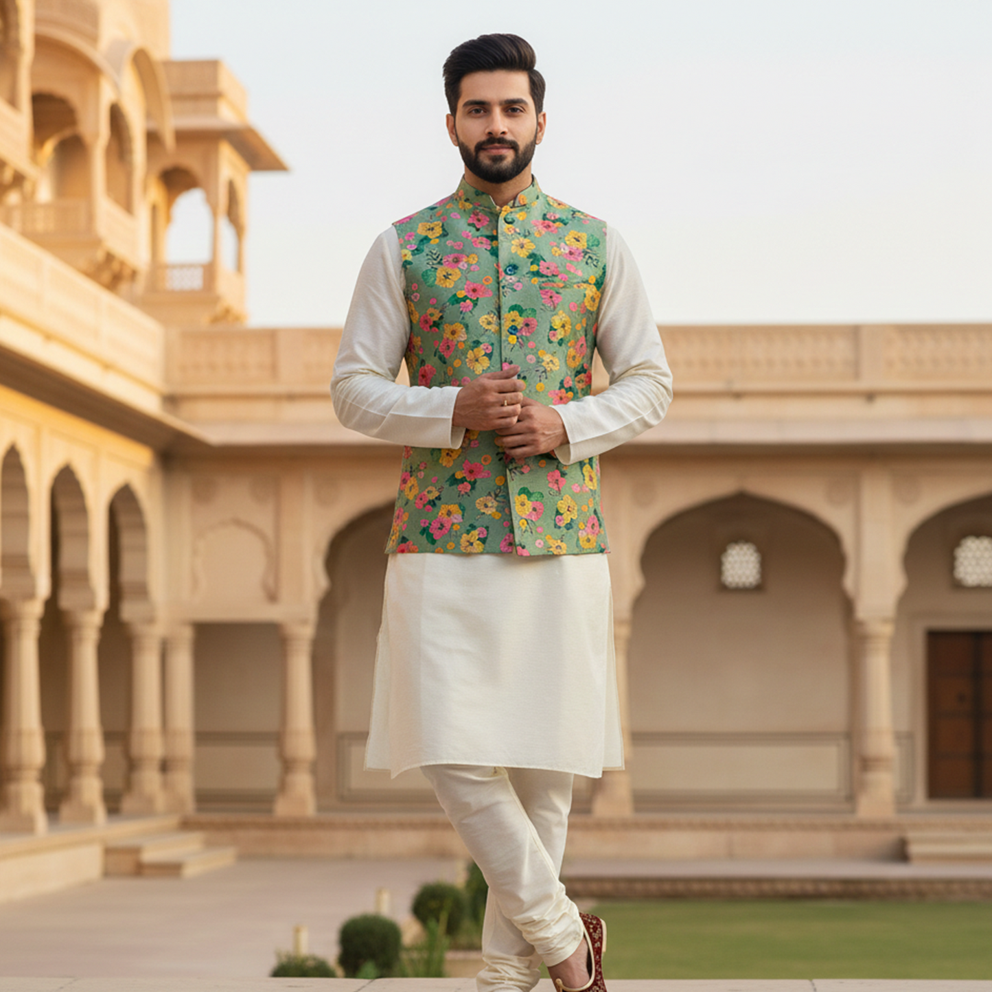 Men’s Pastel Green Floral Nehru Jacket with Ivory Kurta Pajama –  Festive Ethnic Wear