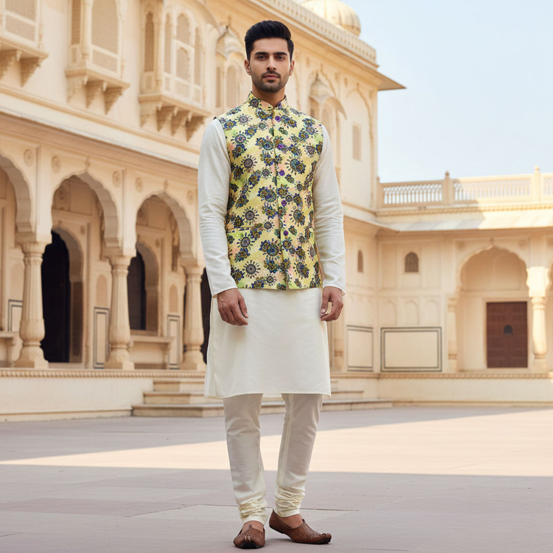 Men’s Yellow Floral Nehru Jacket with Ivory Kurta Pajama –  Elegant Festive Ethnic Wear