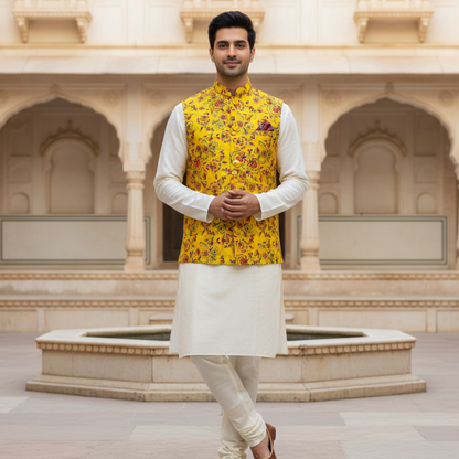 Men’s Yellow Floral Printed Nehru Jacket with Ivory Kurta  Pajama – Festive & Wedding Wear Set