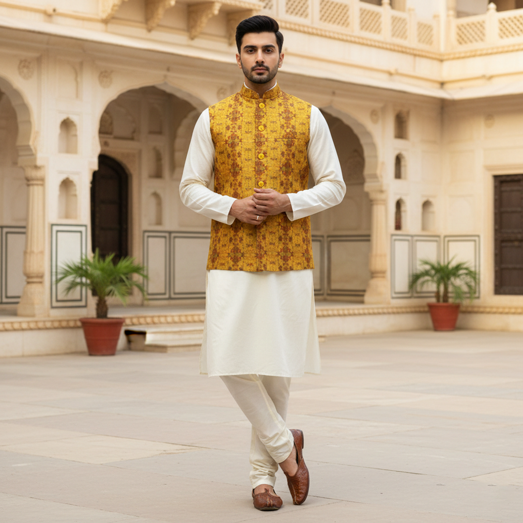 Men’s Mustard Textured Nehru Jacket with Ivory Kurta Pajama – Festive & Weddin