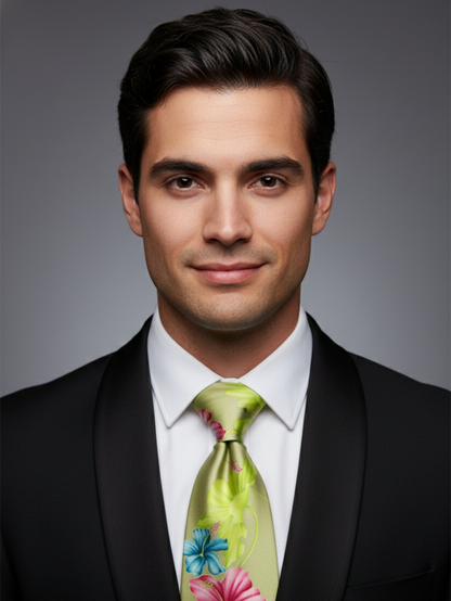 Premium Green Floral Printed Silk Tie for Men – Designer Statement Necktie