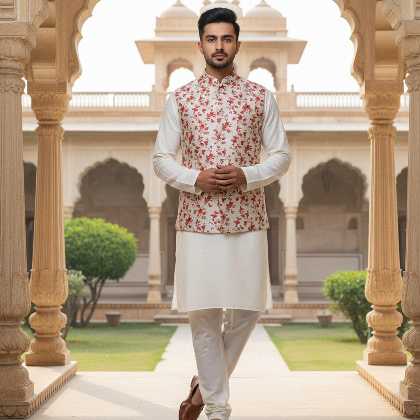 Men’s Ivory Floral Print Nehru Jacket with Kurta Pajama –  Elegant Festive Wear