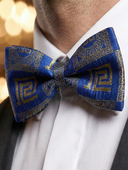 Royal Blue & Gold Patterned Bow Tie – Elegant Formal Accessory
