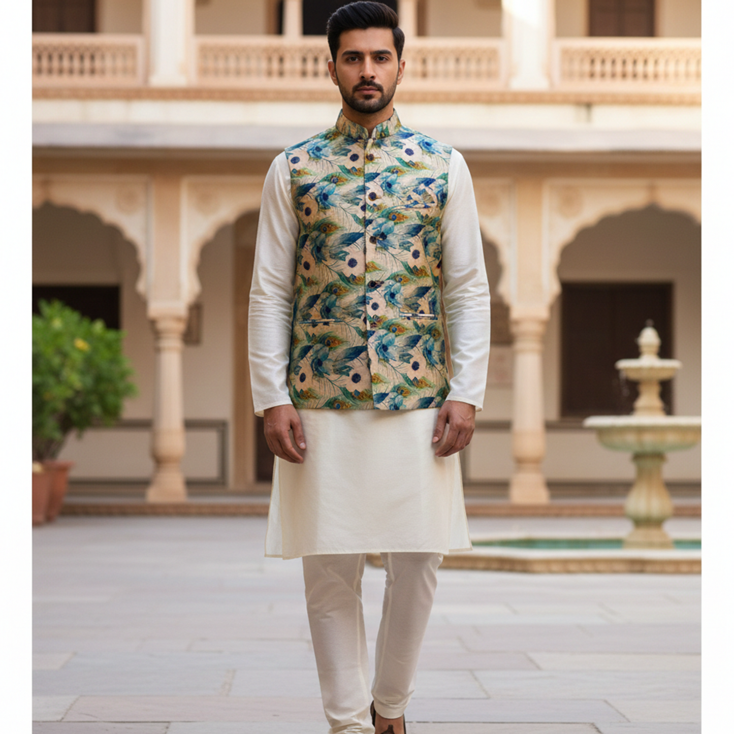 Men’s Teal Botanical Print Nehru Jacket with Ivory Kurta  Pajama – Contemporary Festive Ensemble