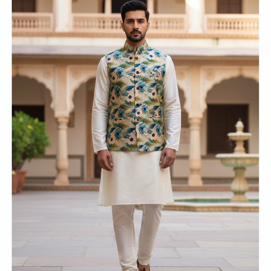 Men’s Teal Botanical Print Nehru Jacket with Ivory Kurta  Pajama – Contemporary Festive Ensemble