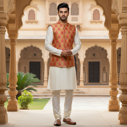 Men’s Red & Gold Patterned Nehru Jacket with Ivory Kurta  Pajama – Royal Festive Wear