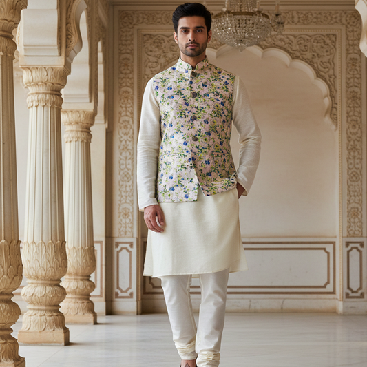 Men’s Pastel Floral Nehru Jacket with Ivory Kurta Pajama – Elegant Festive Wear Se