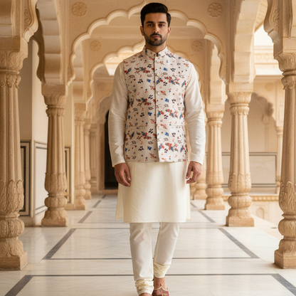 Men’s Ivory Floral Print Nehru Jacket with Classic Kurta  Pajama – Elegant Festive Wear