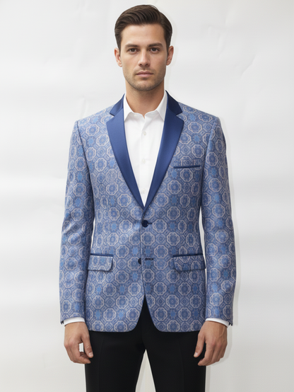 Mens Blue Printed Slim Fit Jacquard Blazer , Premium Fabric, Modern Tailoring, Elegant Design for Formal and Party Wear