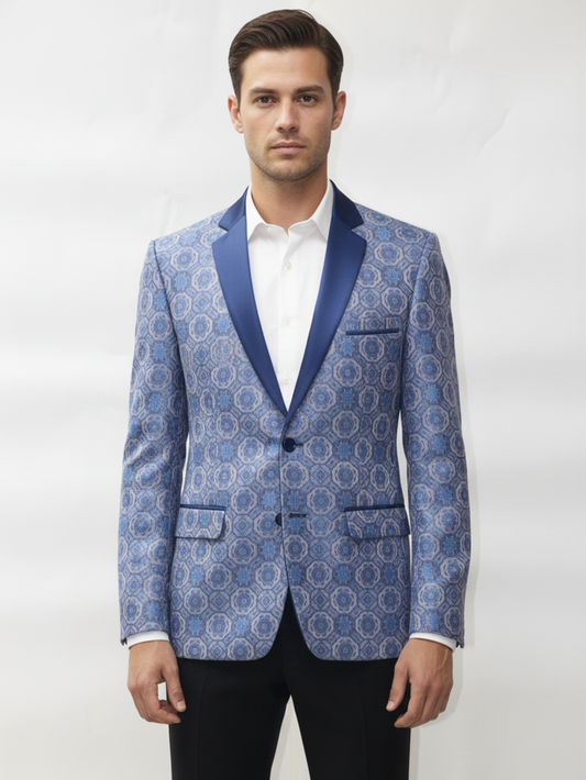 Mens Blue Printed Slim Fit Jacquard Blazer , Premium Fabric, Modern Tailoring, Elegant Design for Formal and Party Wear