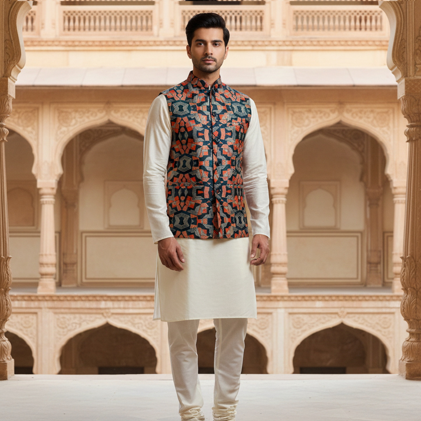 Men’s Navy Blue Geometric Printed Nehru Jacket with Ivory  Kurta Pajama – Contemporary Ethnic Wear