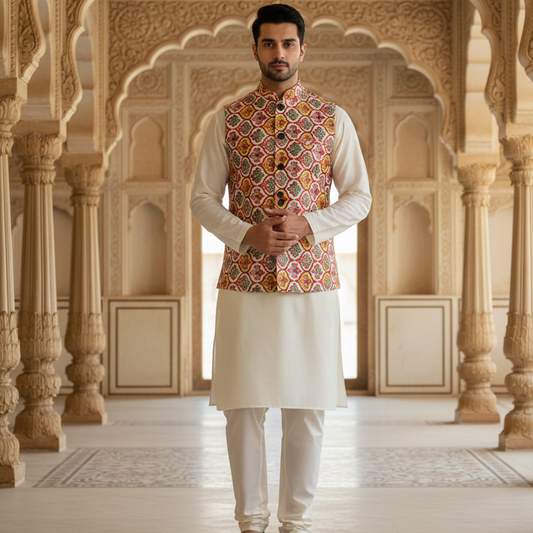 Men’s Multicolor Heritage Print Nehru Jacket with Ivory  Kurta Pajama – Festive Ethnic Wear