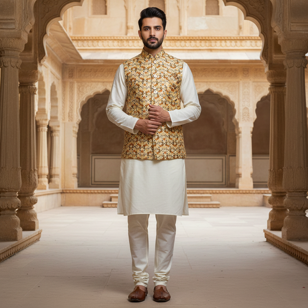 Men’s Floral Print Nehru Jacket with Ivory Kurta Pajama –  Elegant Festive Ensemble