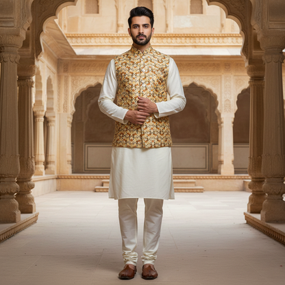 Men’s Floral Print Nehru Jacket with Ivory Kurta Pajama –  Elegant Festive Ensemble
