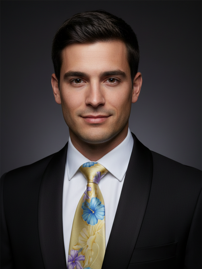 Luxury Golden Floral Printed Silk Tie for Men – Elegant Designer Necktie