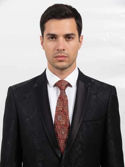 Red Art Silk Tie with Black & Golden Work – Premium Elegant Design