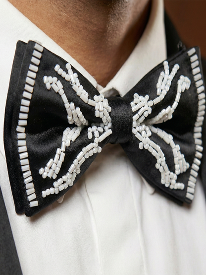 Black Satin Bow Tie with White Beaded Detailing – Premium Formal Wear Accessory