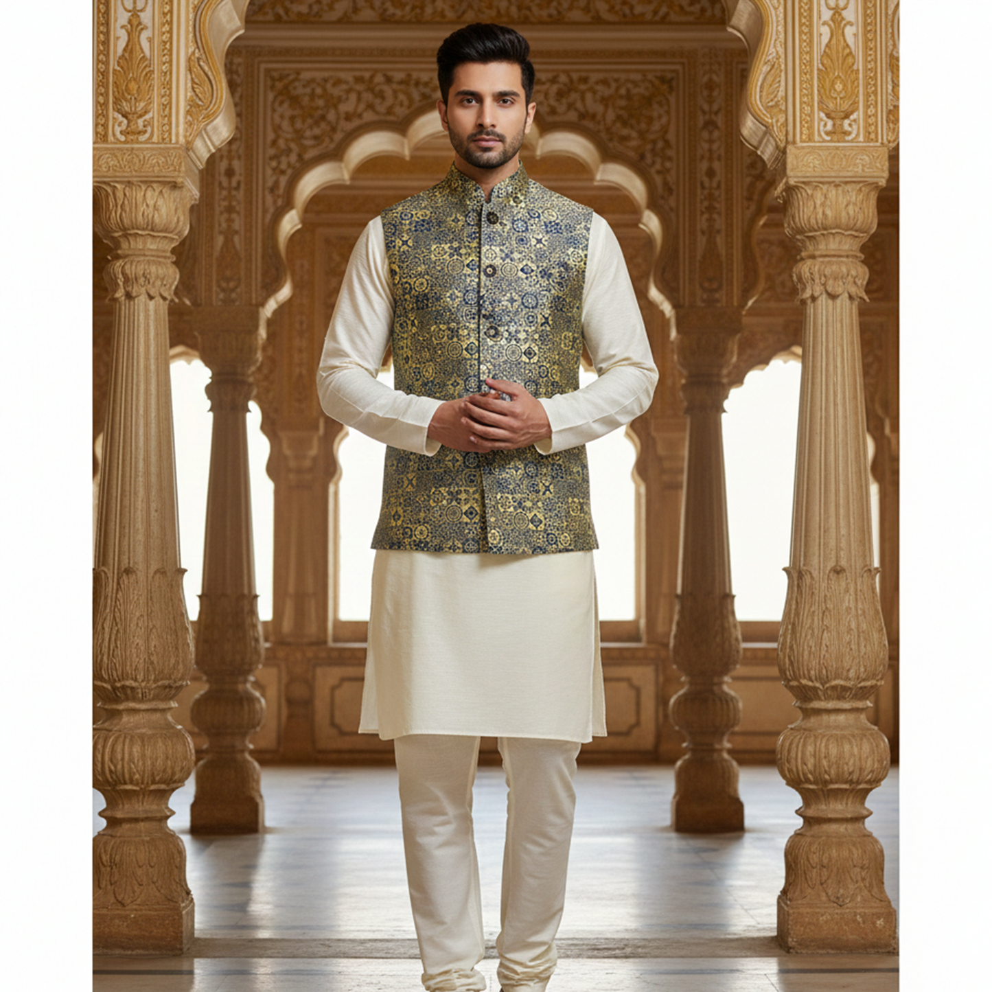 Men’s Olive Green & Gold Jacquard Nehru Jacket with Ivory Kurta  Pajama – Regal Festive Wear