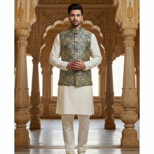 Men’s Olive Green & Gold Jacquard Nehru Jacket with Ivory Kurta  Pajama – Regal Festive Wear