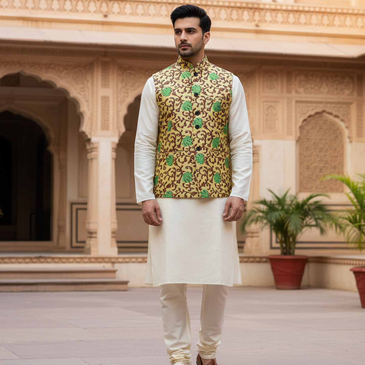 Men’s Mustard & Green Floral Nehru Jacket with Ivory Kurta  Pajama – Festive Ethnic Ensemble