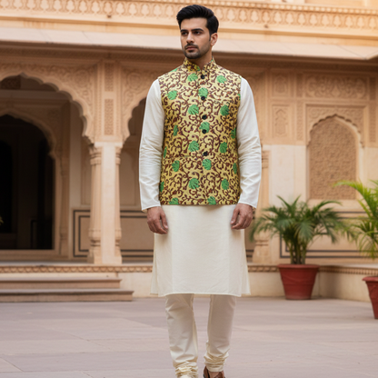 Men’s Mustard & Green Floral Nehru Jacket with Ivory Kurta  Pajama – Festive Ethnic Ensemble