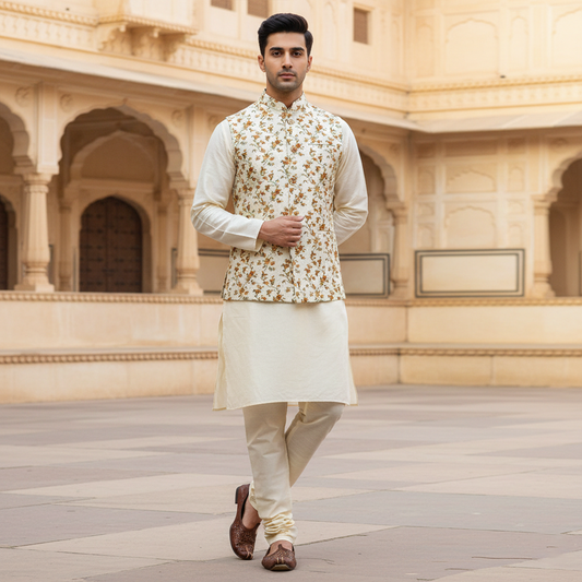 Men’s Ivory Floral Nehru Jacket with Kurta Pajama – Elegant  Festive Wear