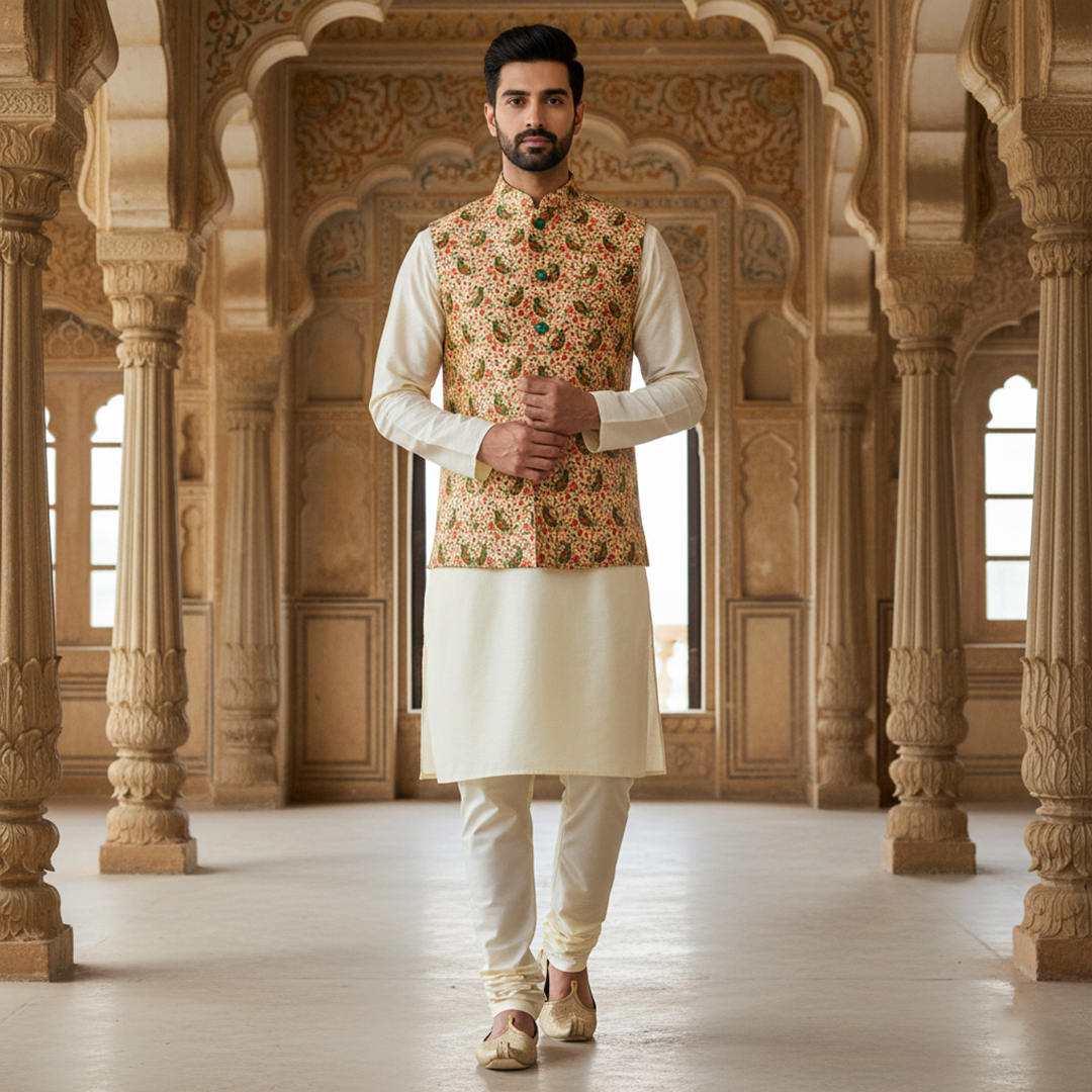 Men’s Floral Nehru Jacket with Ivory Kurta Pajama –  Elegant Festive & Wedding Wear