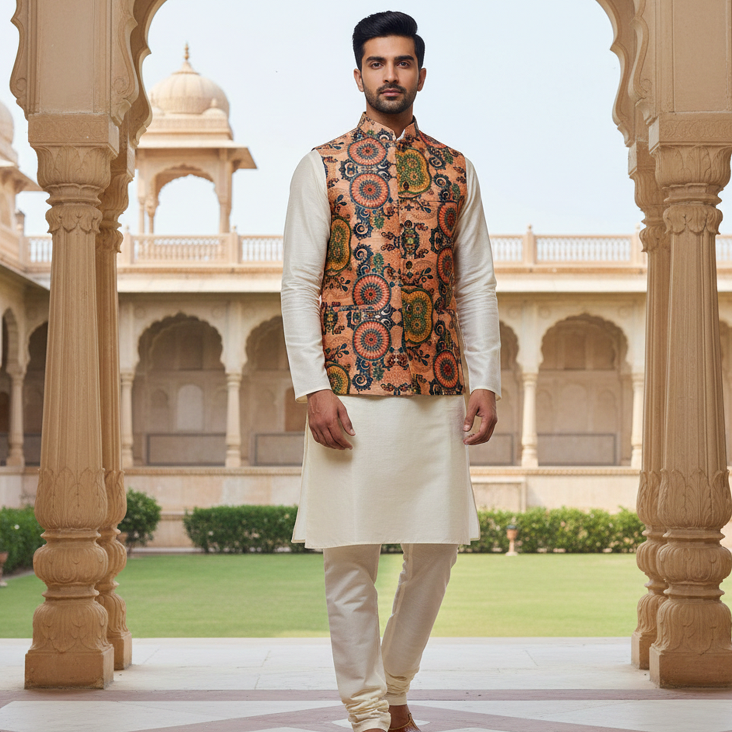 Men’s Rust Orange Printed Nehru Jacket with Ivory Kurta Pajama – Festive Ethnic Ensemble