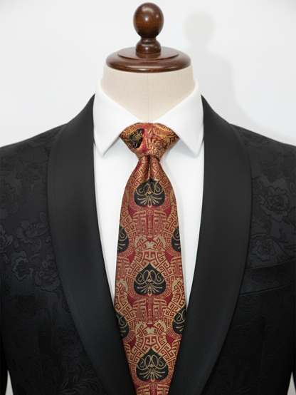 Red Tie with Golden & Black Work – Elegant Designer Necktie