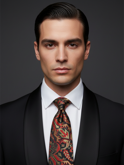 Elegant Black Tie with Red & Golden Embroidered Work