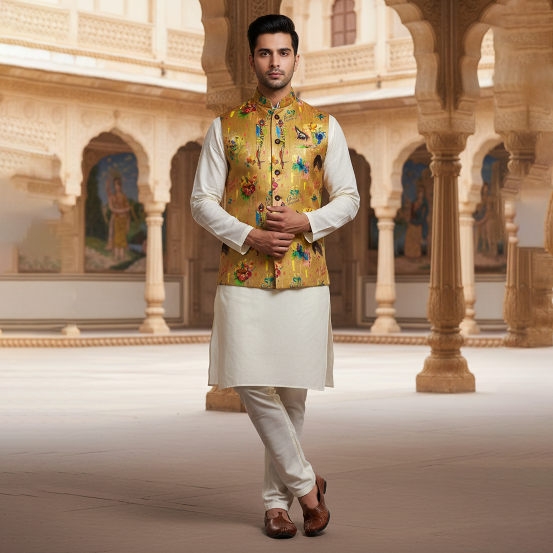 Men’s Mustard Printed Nehru Jacket with Ivory Kurta  Pajama – Contemporary Festive Wear