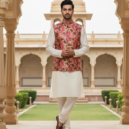 Men’s Pink Floral Nehru Jacket with Ivory Kurta Pajama –  Luxury Festive Ensemble