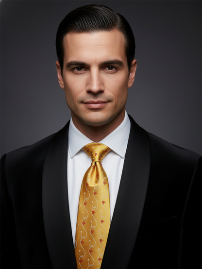 Luxury Golden Silk Tie with Red & White Print – Designer Formal Necktie