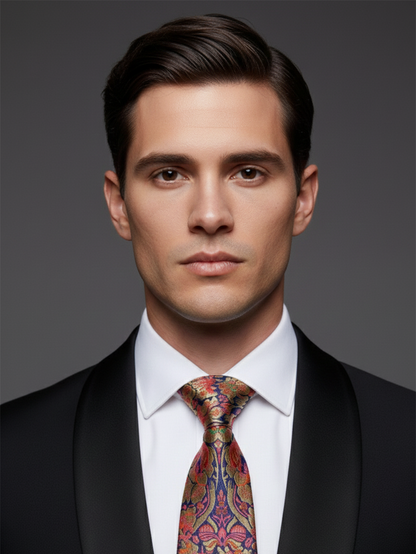 Luxury Floral Paisley art silk Necktie – Navy Blue & Gold Patter
