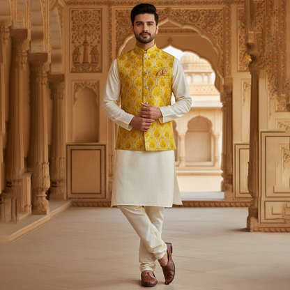 Men’s Yellow Jacquard Nehru Jacket with Ivory Kurta  Pajama – Festive & Wedding Wear