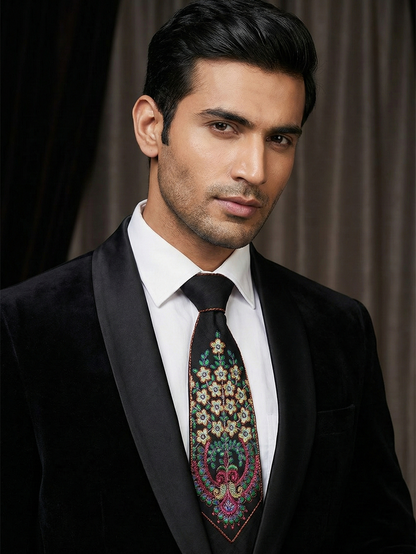 Luxury Handcrafted Silk Tie with Ornate Floral Motif – Black