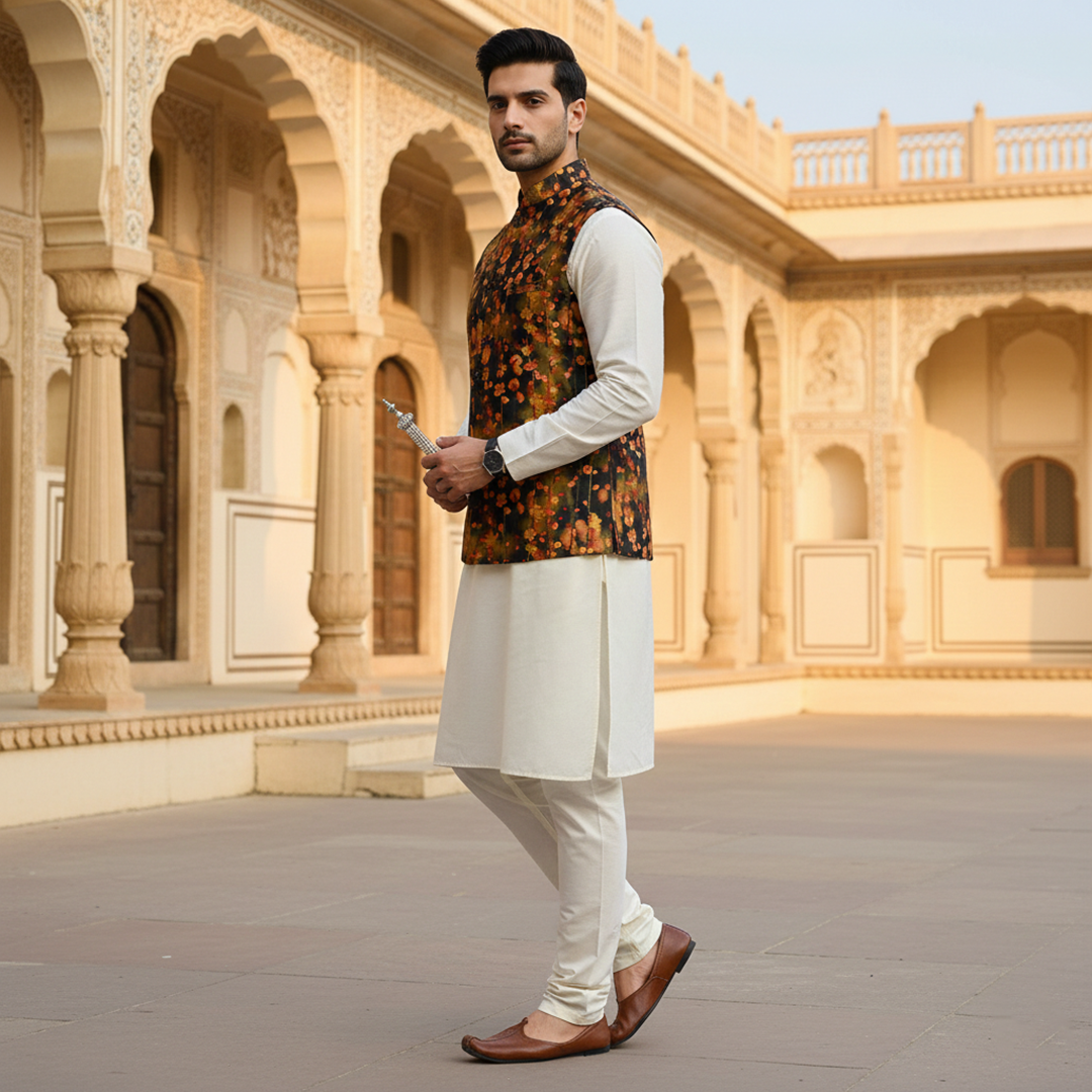 Men’s Dark Floral Nehru Jacket with Ivory Kurta Pajama –  Contemporary Festive Wear
