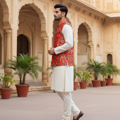 Men’s Red Floral Print Nehru Jacket with Ivory Kurta Pajama –  Festive & Wedding Wear