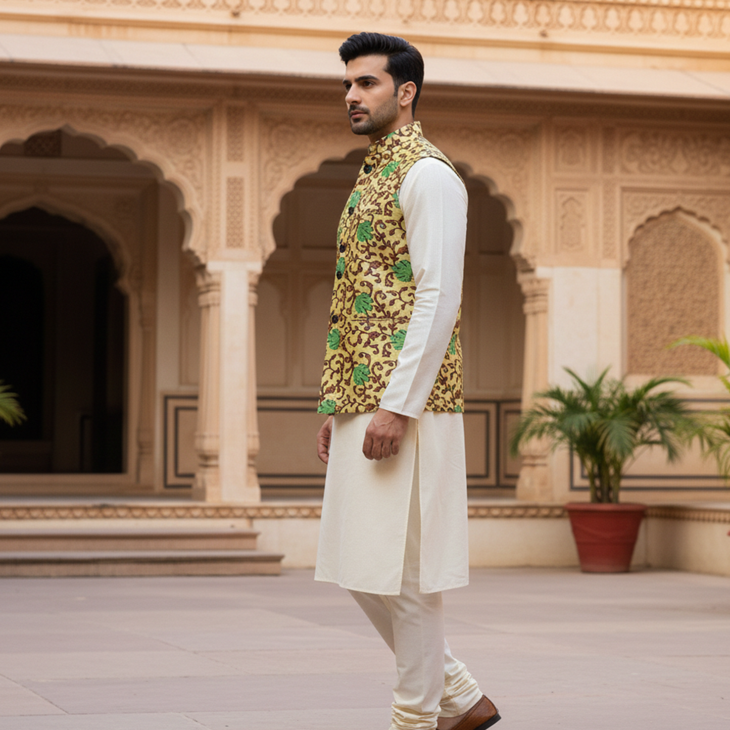 Men’s Mustard & Green Floral Nehru Jacket with Ivory Kurta  Pajama – Festive Ethnic Ensemble