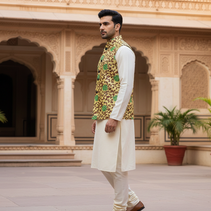 Men’s Mustard & Green Floral Nehru Jacket with Ivory Kurta  Pajama – Festive Ethnic Ensemble