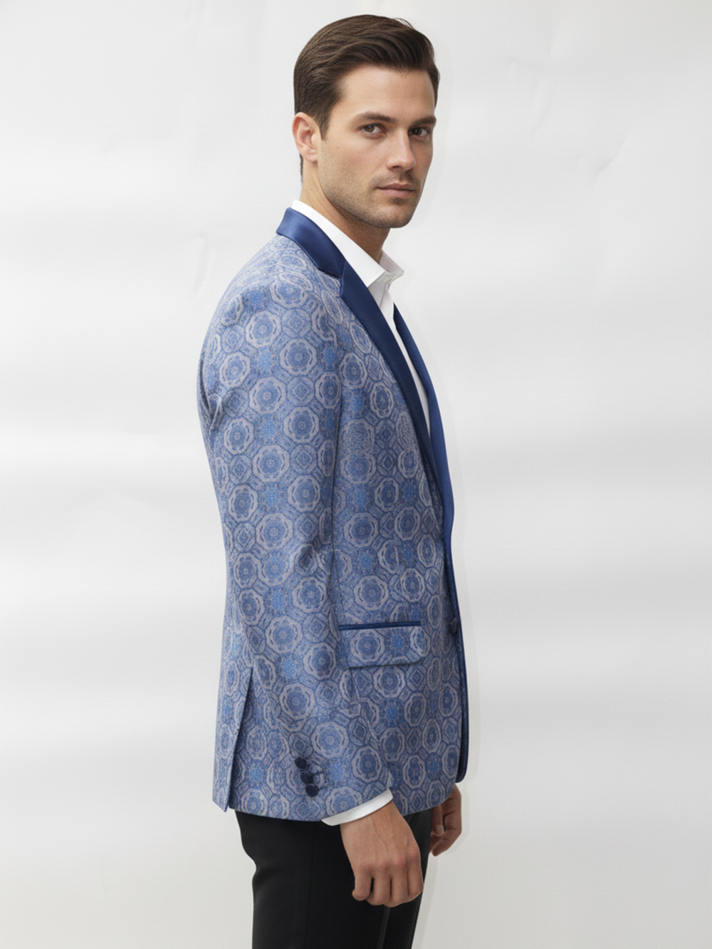 Mens Blue Printed Slim Fit Jacquard Blazer , Premium Fabric, Modern Tailoring, Elegant Design for Formal and Party Wear