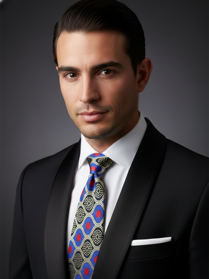 Blue Tie with Red Dots & Black Work – Stylish Designer Necktie