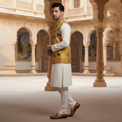 Men’s Mustard Printed Nehru Jacket with Ivory Kurta  Pajama – Contemporary Festive Wear