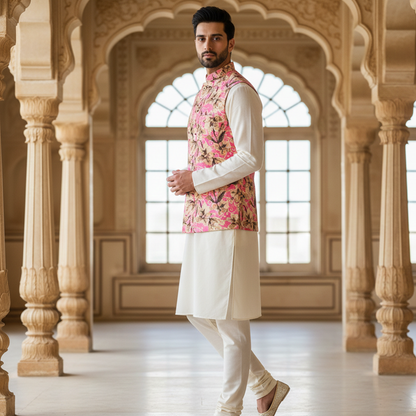 Men’s Pink Floral Print Nehru Jacket with Ivory Kurta Pajama –  Festive Ethnic Ensemble