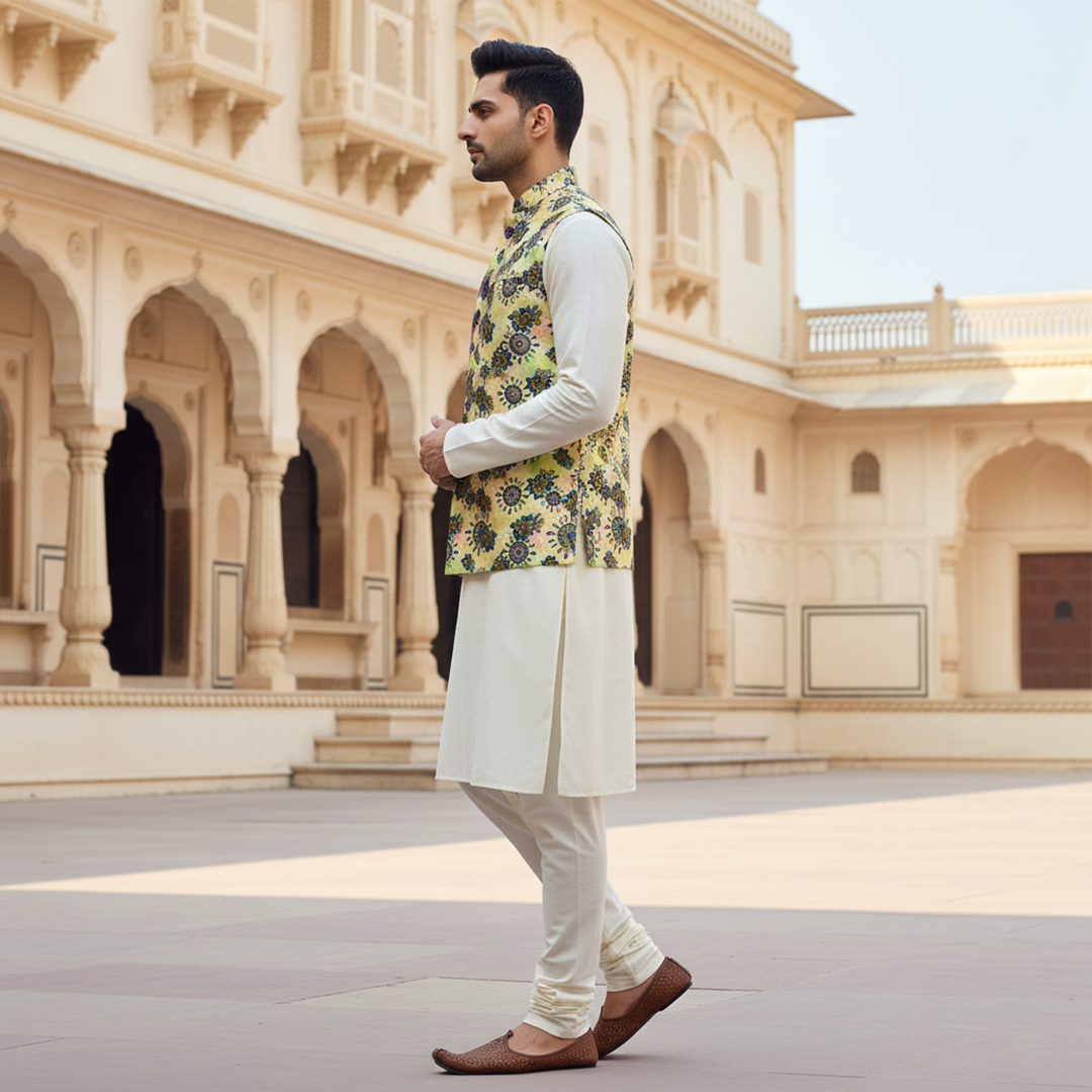 Men’s Yellow Floral Nehru Jacket with Ivory Kurta Pajama –  Elegant Festive Ethnic Wear
